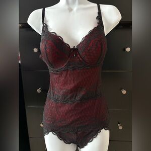 Skinnygirl Red and Black Lace Shapewear Bodysuit with Scalloped Trim